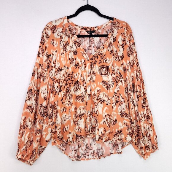 Frye Peasant Blouse Womens Size Large Boho Floral Balloon Sleeve Button Up Top - Picture 1 of 13